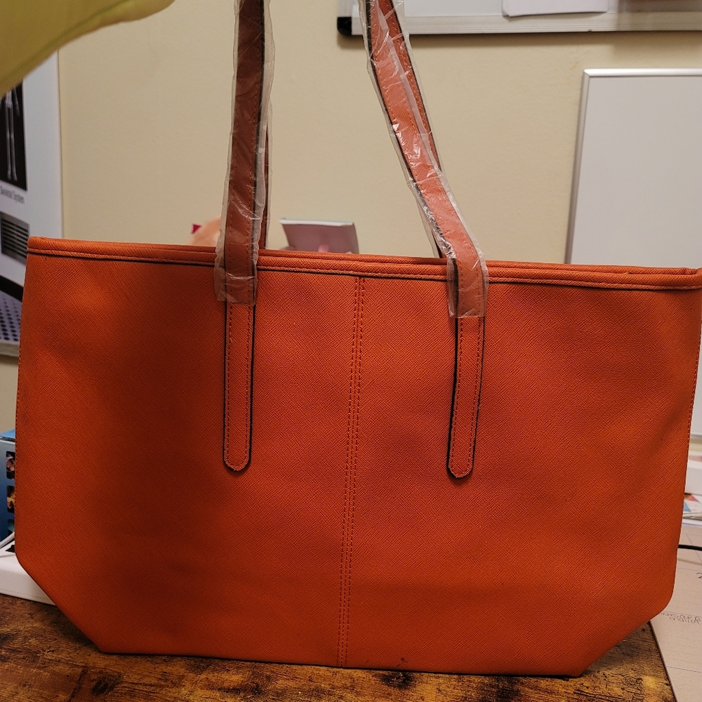 Real leather orange tote bag
